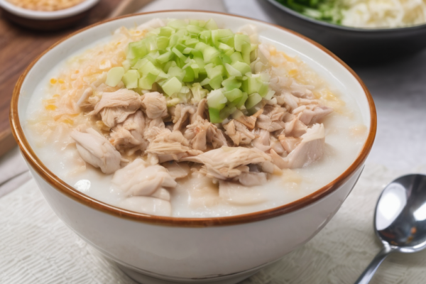 bubur ayam porsi mangkuk besar dengan suwiran ayam sebagai topping