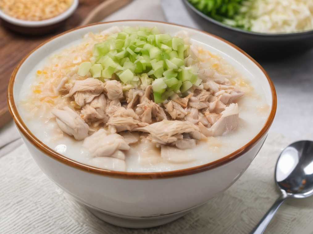 bubur ayam porsi mangkuk besar dengan suwiran ayam sebagai topping